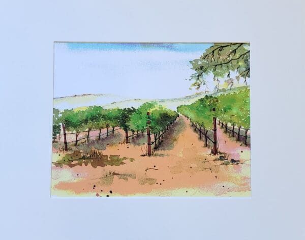 A painting of a vineyard with trees and dirt.