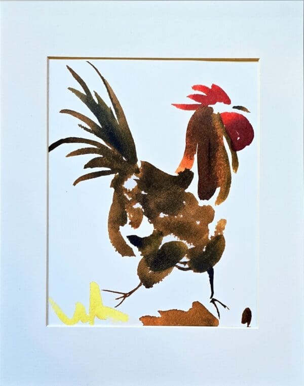 A painting of a rooster with a red tail.