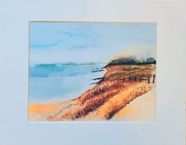 A painting of the beach and water