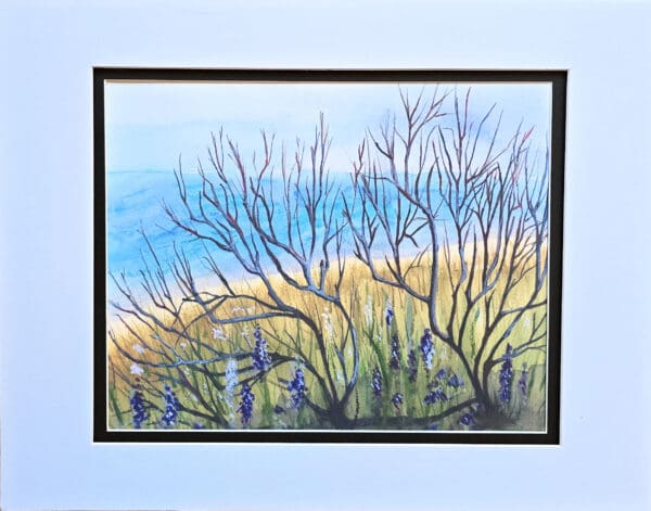 A painting of trees and bushes on the beach.