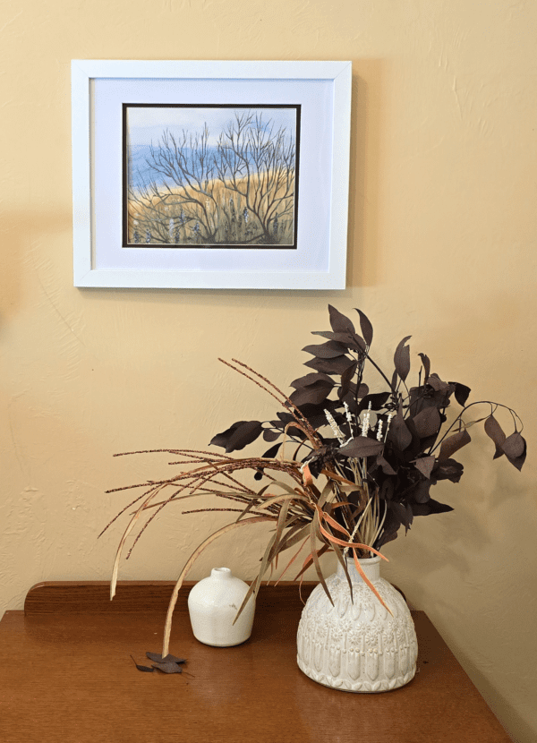 A painting of a field and two vases with plants in them.