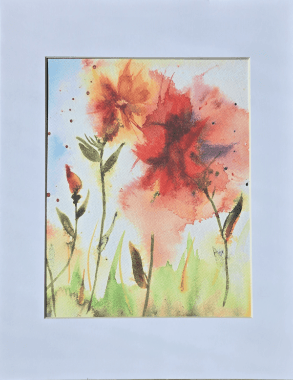 A painting of flowers in the grass