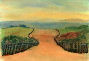 Winding path through serene countryside landscape.