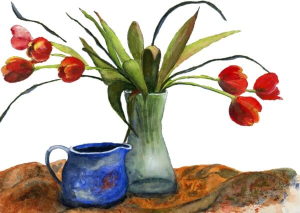 A painting of two vases with flowers in them