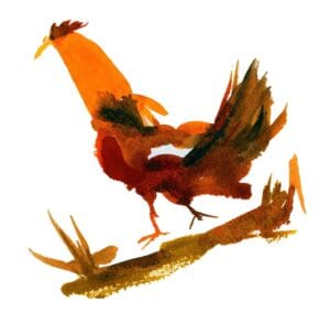 A painting of a rooster on the ground