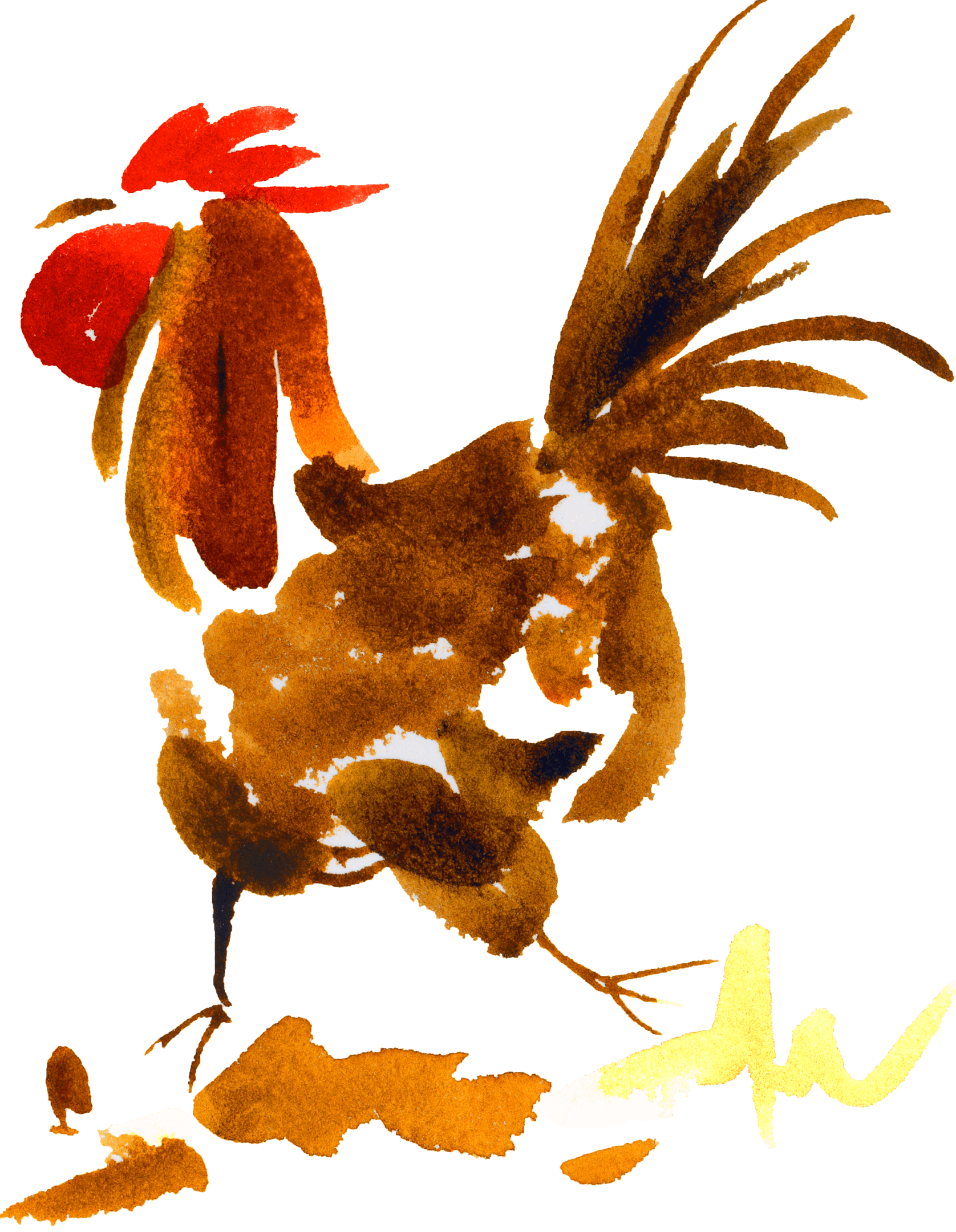 A painting of a rooster with a red tail.