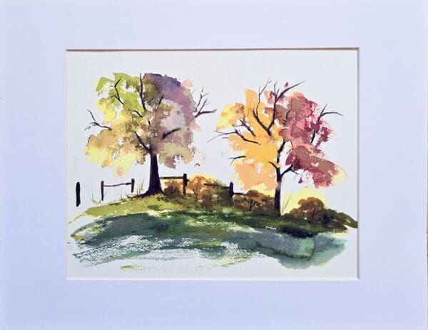 A painting of two trees in the middle of a field.