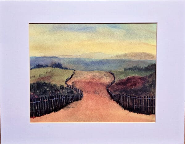 A painting of a road going through the hills