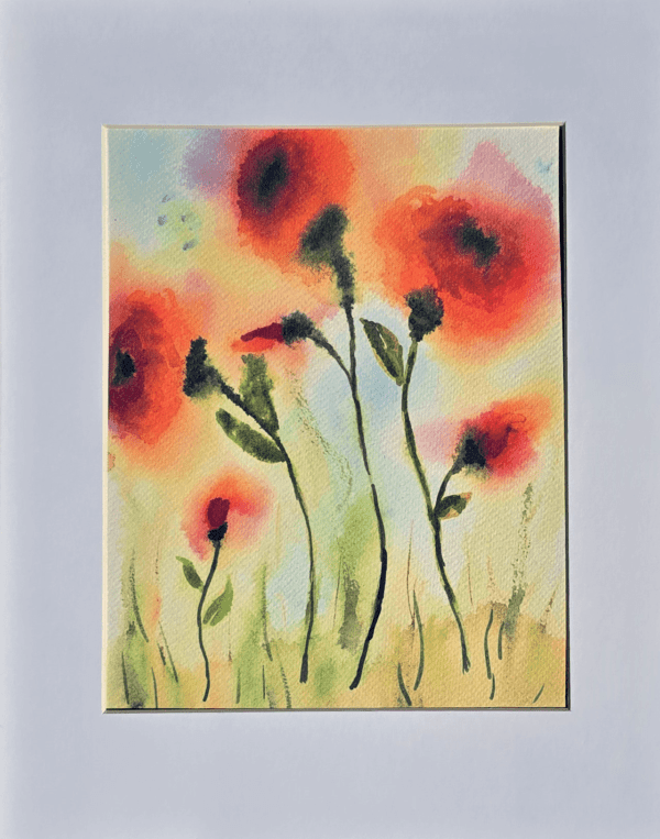 A painting of red flowers in the grass.