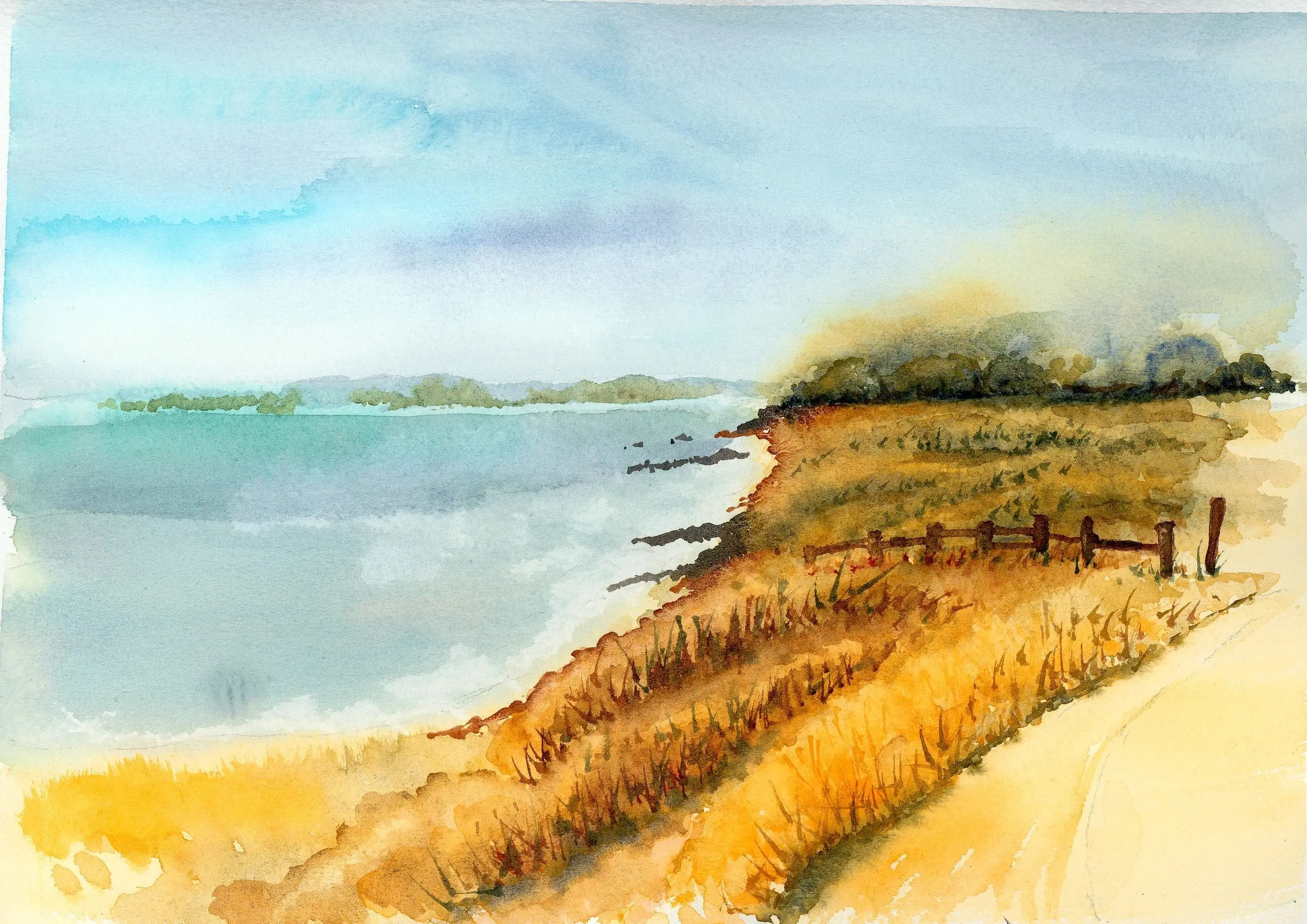 A painting of the ocean and grass on the beach.