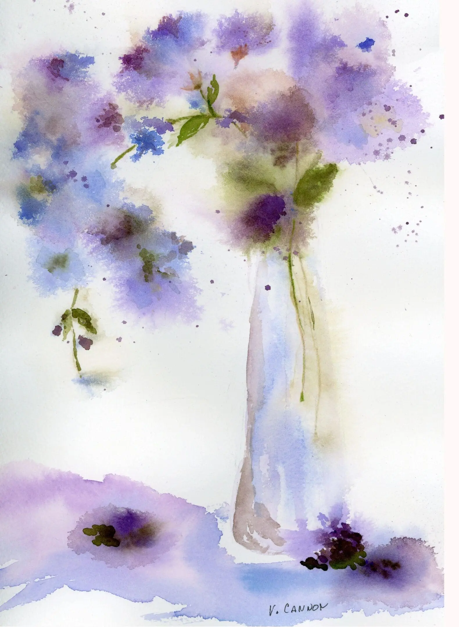 A painting of purple flowers in a vase.