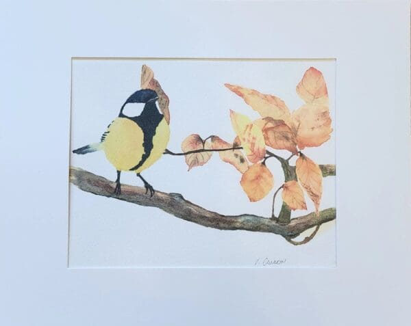 A painting of a bird on a branch