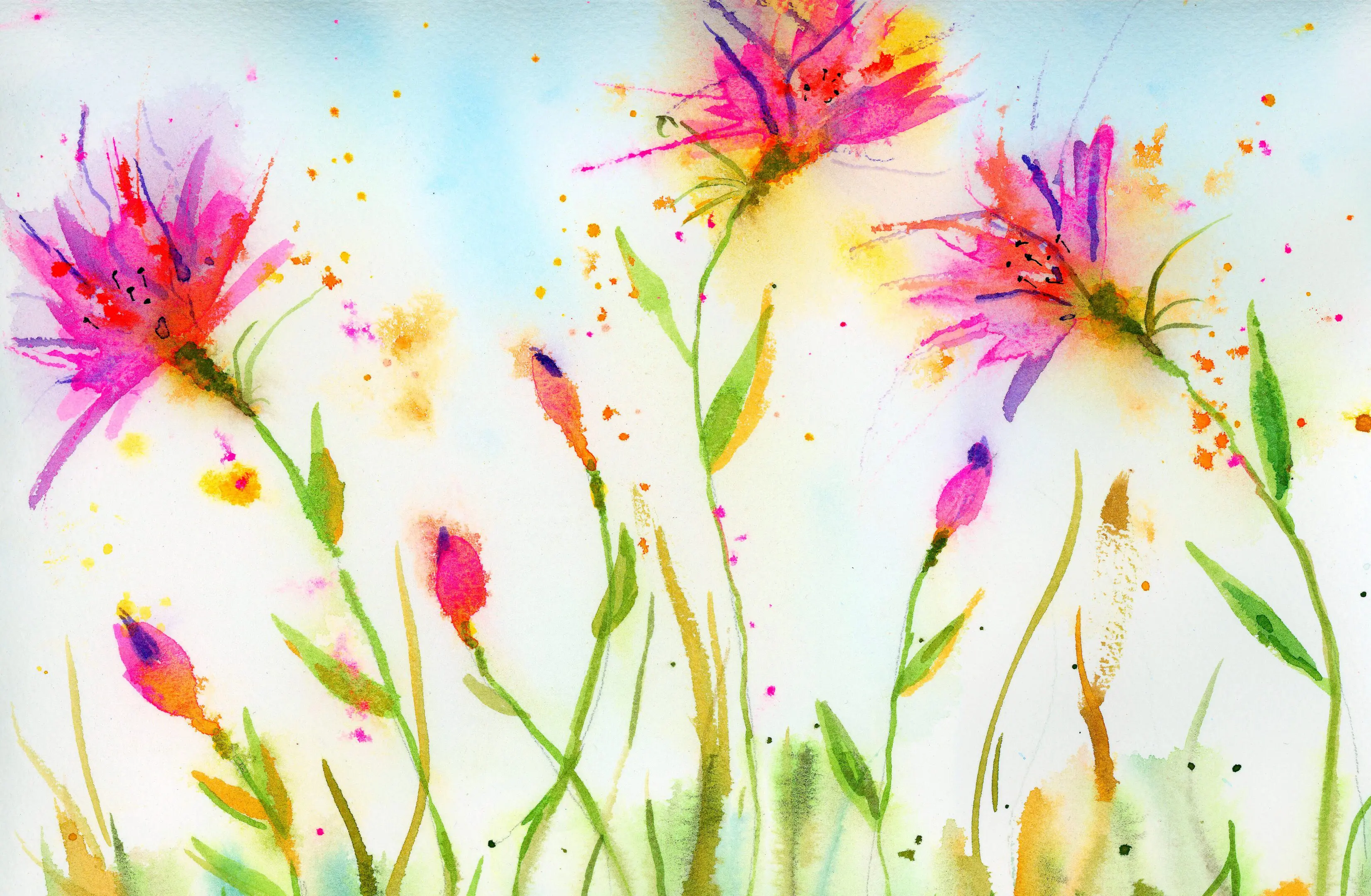 A painting of flowers in the grass