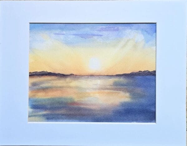 A painting of the sun setting over water.