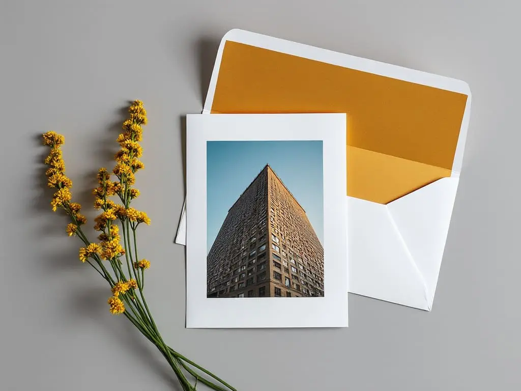 A picture of the top of a building on a card.