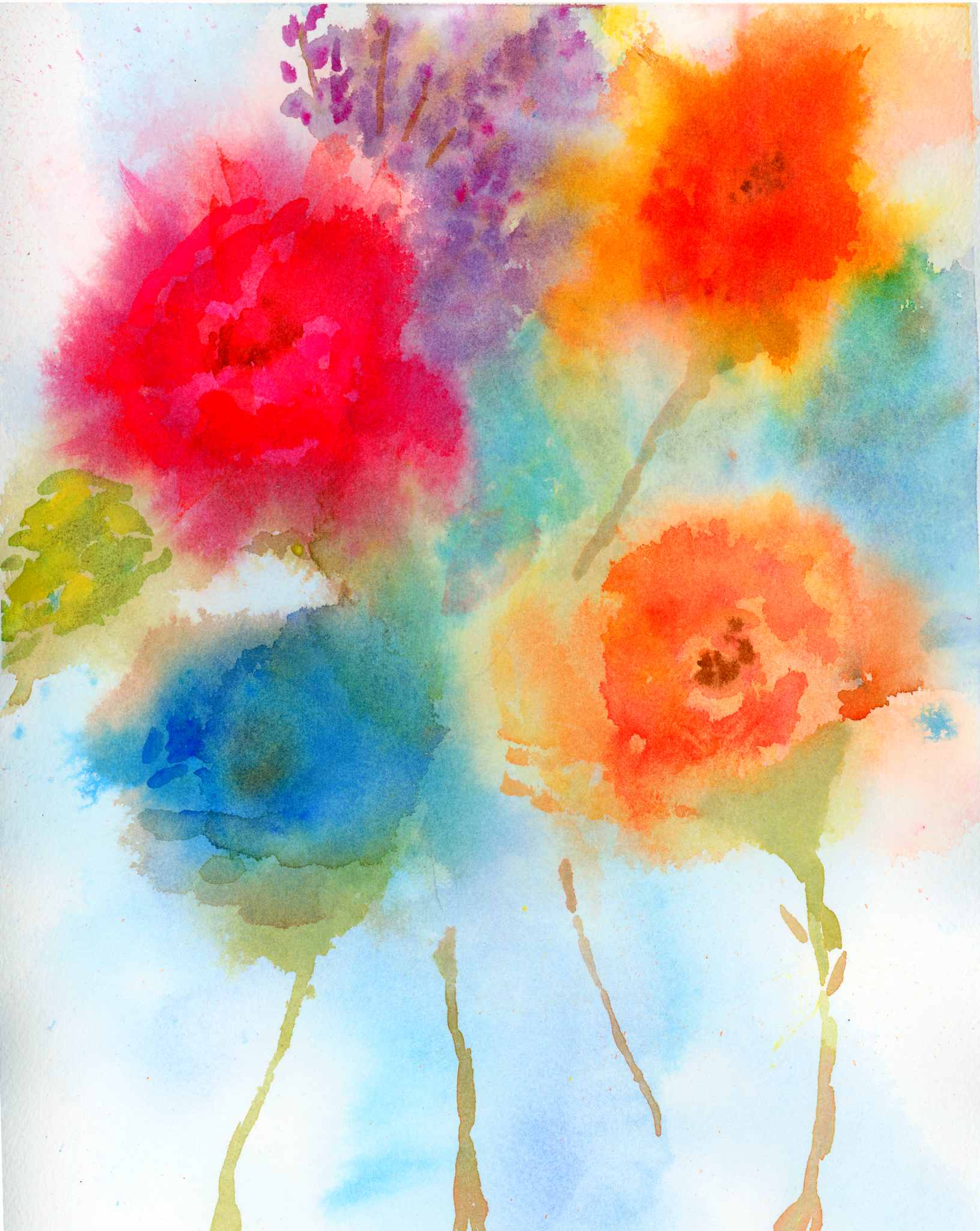 A painting of flowers in various colors on paper.