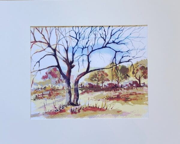 A painting of a tree in the middle of a field.