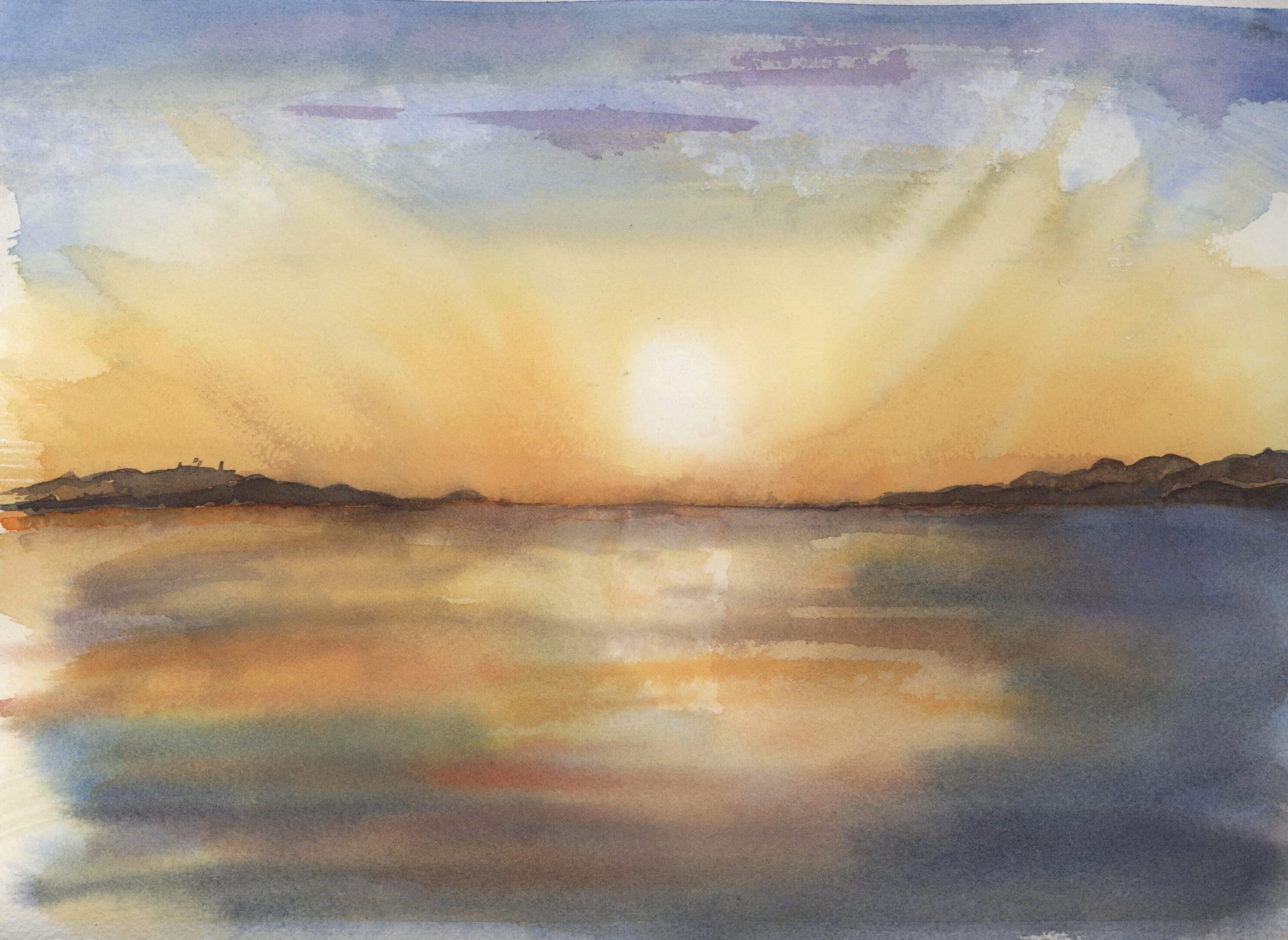 A painting of the sun setting over water