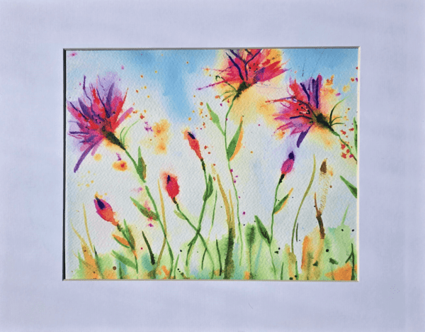 A painting of flowers in the grass.