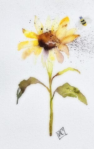 Watercolor sunflower and bee on white background.