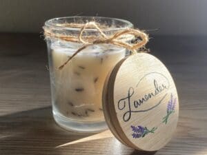 glass lavender candle with wooden lid